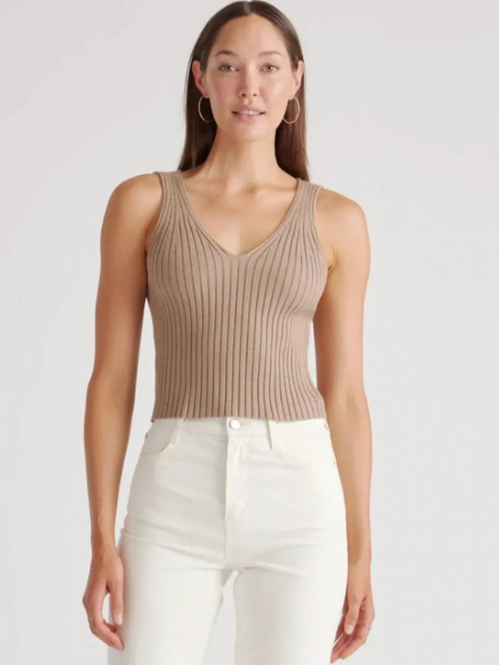 Quince Cropped ribbed Sweater Tank Ribbed V-Neck in Warm Taupe - Picture 1 of 5